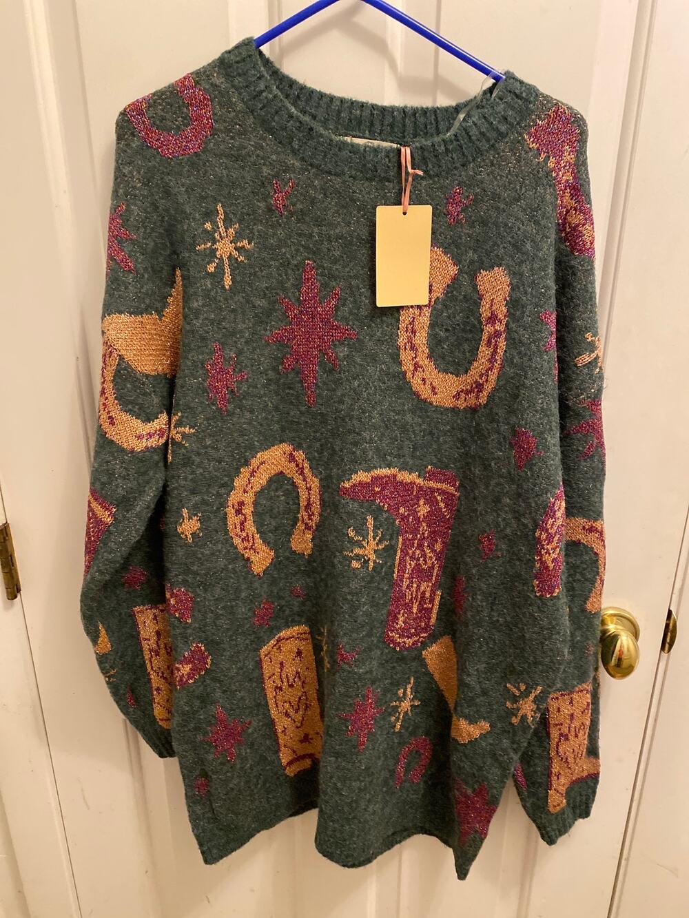 Entro Green Metallic Horseshoe Knit Sweater Size XL Acrylic Sparkly Pullover